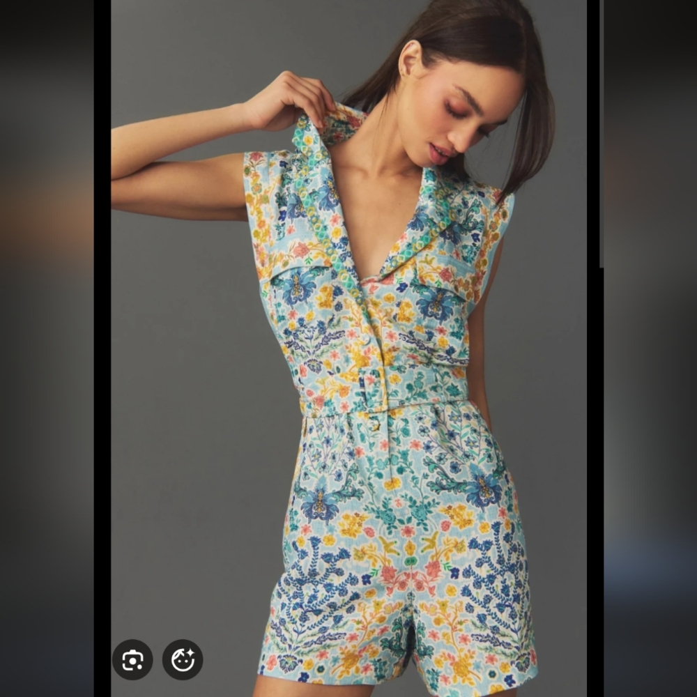Anthropologie Floral Jumpsuit Medium Ranna Gill Sleeveless Collared Linen Romper